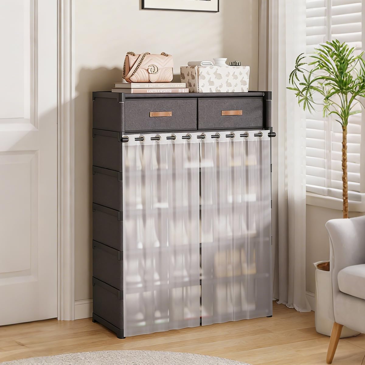 Multi Layer Shoe Organizer with Double Drawers and Sliding Curtain