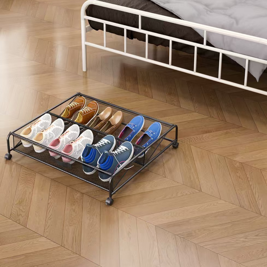 HOMERO Under Bed Shoe Storage Rack Metal Mesh Organizer with Rolling Wheels