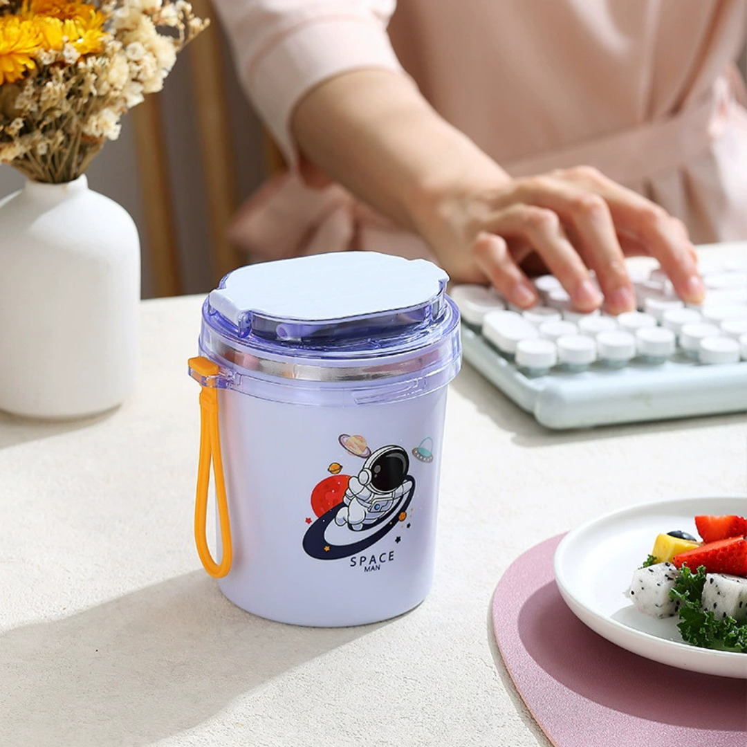 HOMERO Cartoon Stainless Steel Insulated Soup Mug with Spoon Straw - 530ML