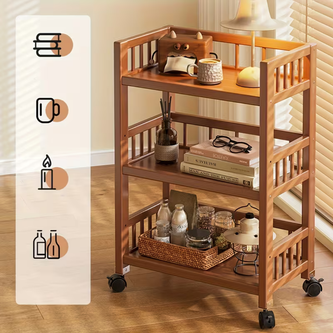 Homero 3-Tier Modern Wooden Media Storage Rack with Wheels