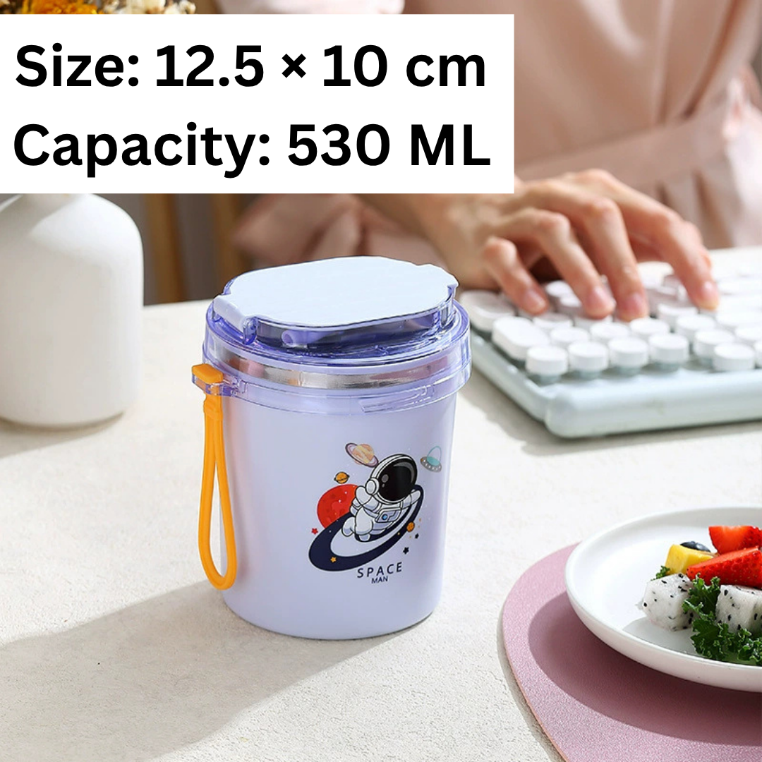 HOMERO Cartoon Stainless Steel Insulated Soup Mug with Spoon Straw - 530ML