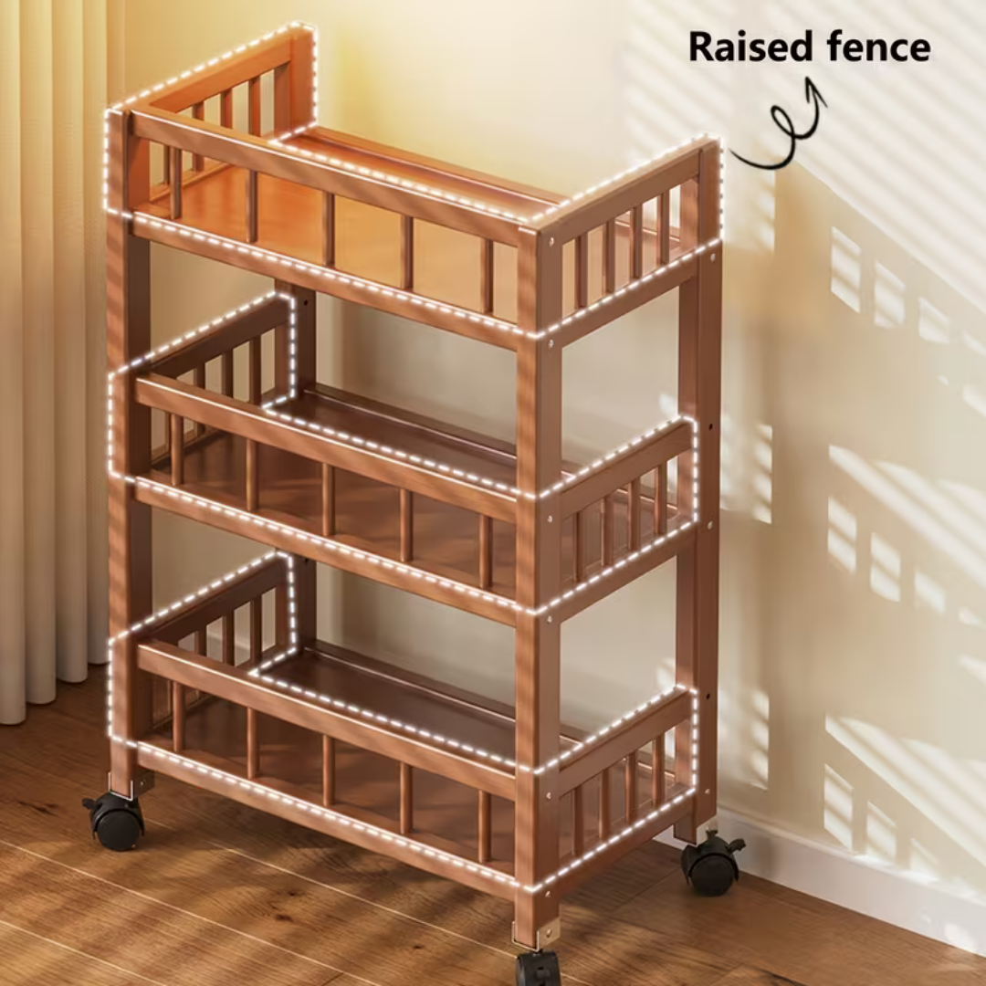 Homero 3-Tier Modern Wooden Media Storage Rack with Wheels