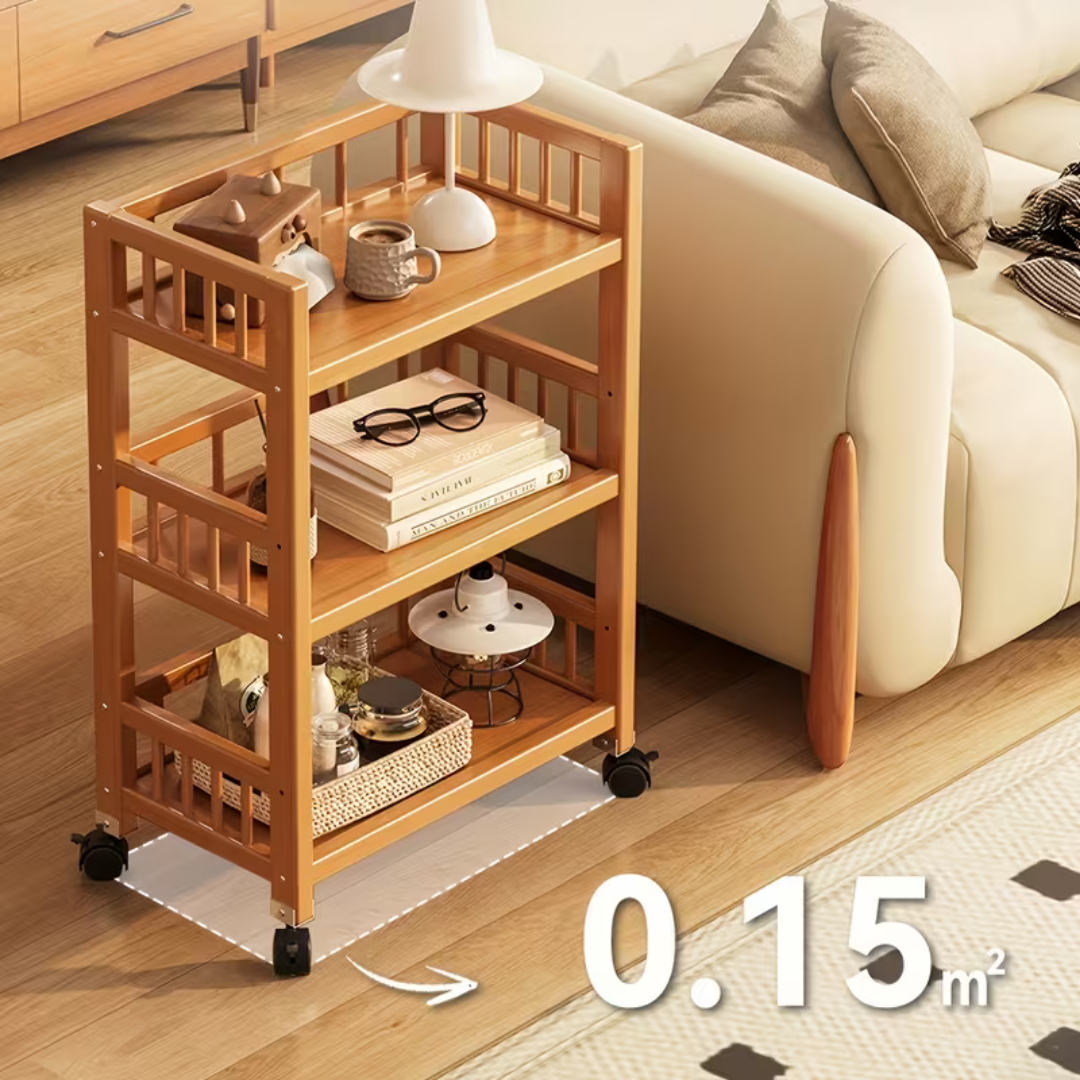 Homero 3-Tier Modern Wooden Media Storage Rack with Wheels