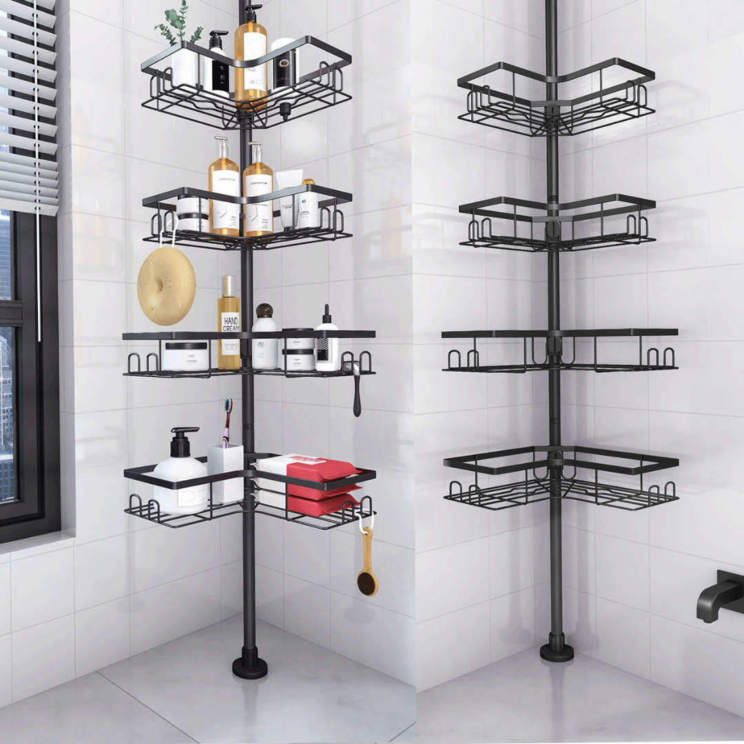 HOMERO 4-Tier Multi-Purpose Corner Shower Caddy Tension Pole with Adjustable Height