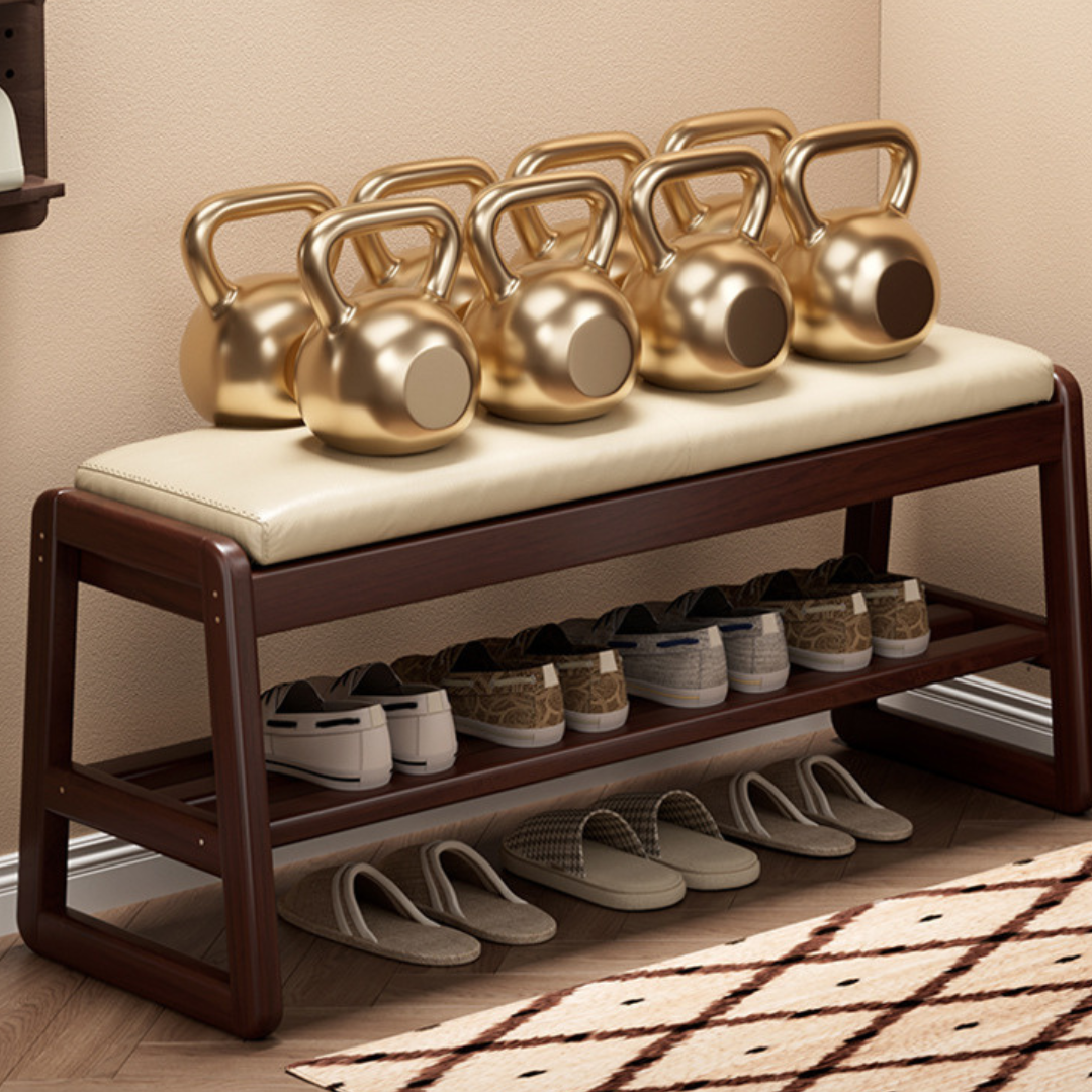 HOMERO Elegant Rattan Design Premium Wooden Shoe Storage Bench - 2 Tier