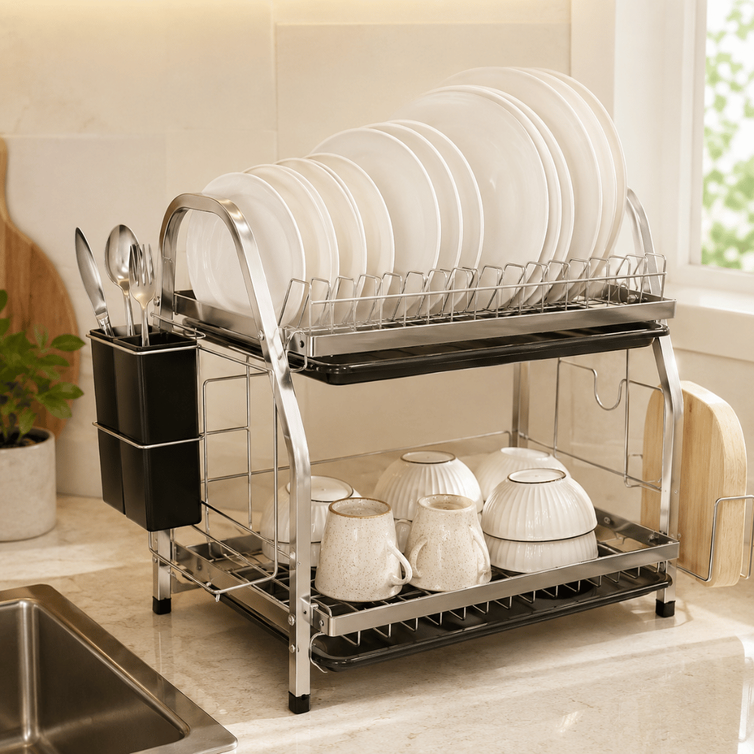 Two Tier Carbon Steel Dish Drainer Rack with Removable Drip Trays