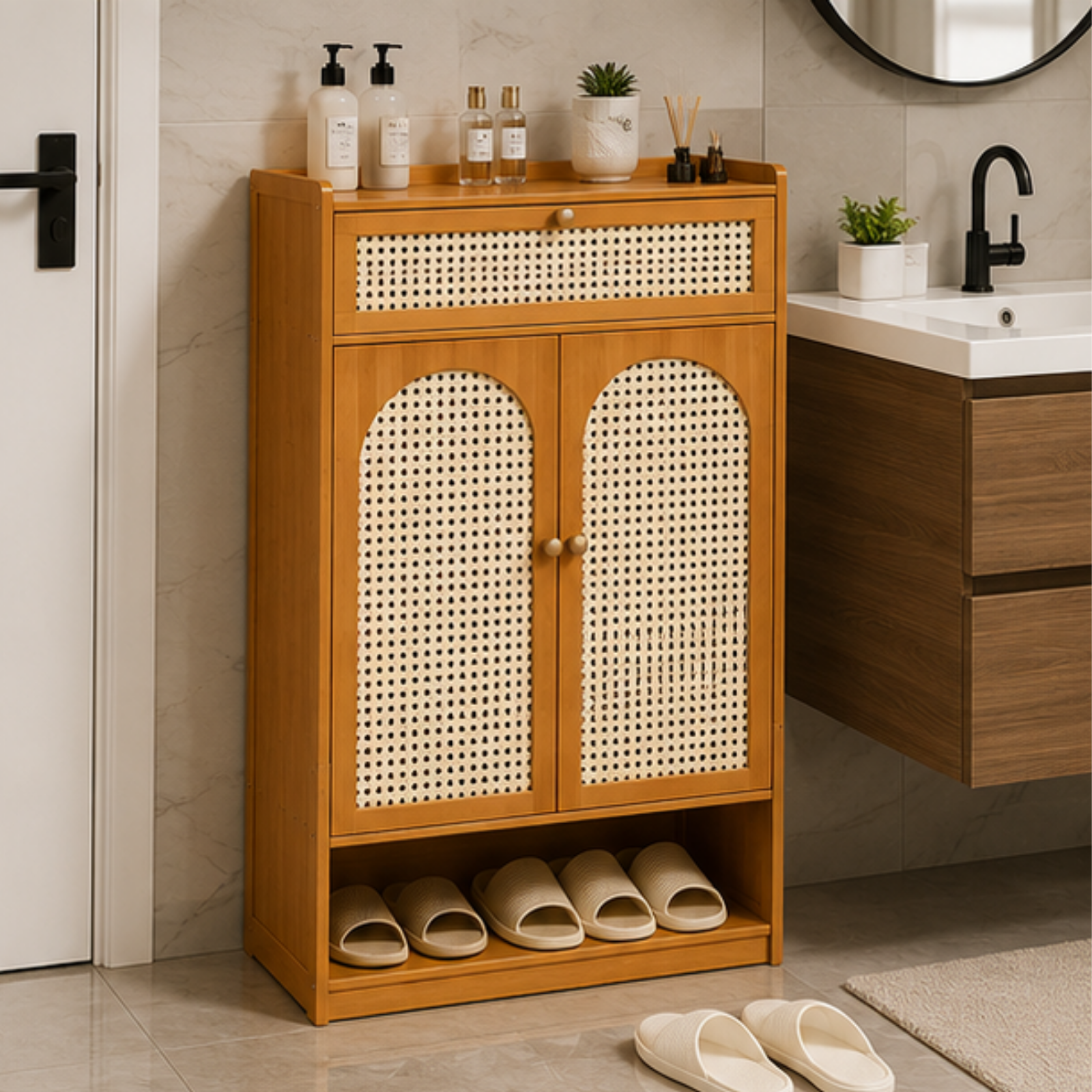 Bamboo Shoe Storage Cabinet with Rattan Mesh Doors and Drawer