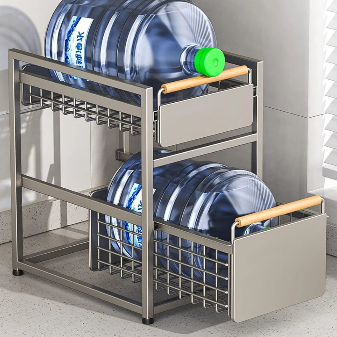 Double Layer Pull Out Under Sink Storage Rack with Wooden Handle