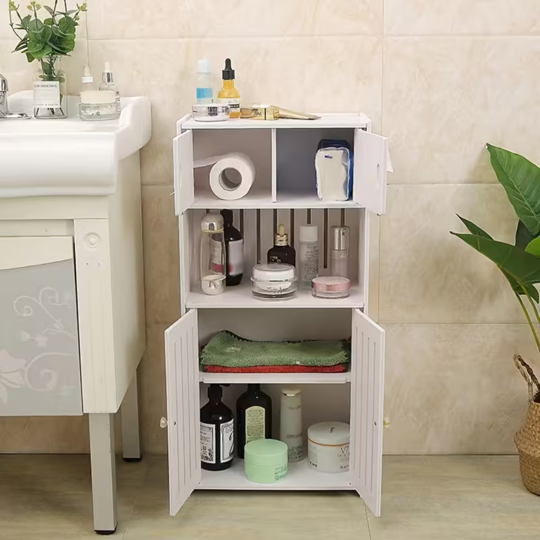 Multi-Use Storage Cabinet with Tissue Dispenser Shelves and Doors