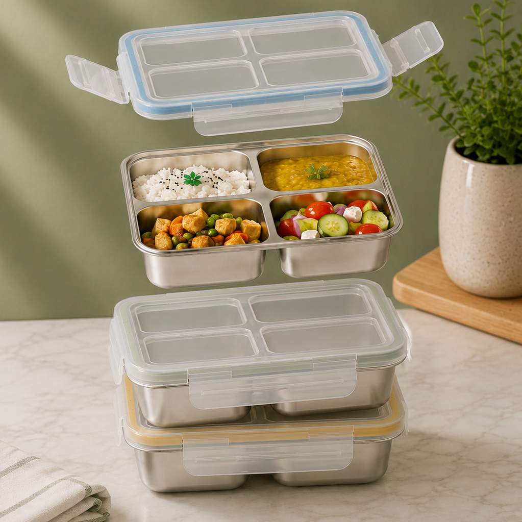 Stainless Steel 4 Compartment Airtight Lunch Box - 720ML