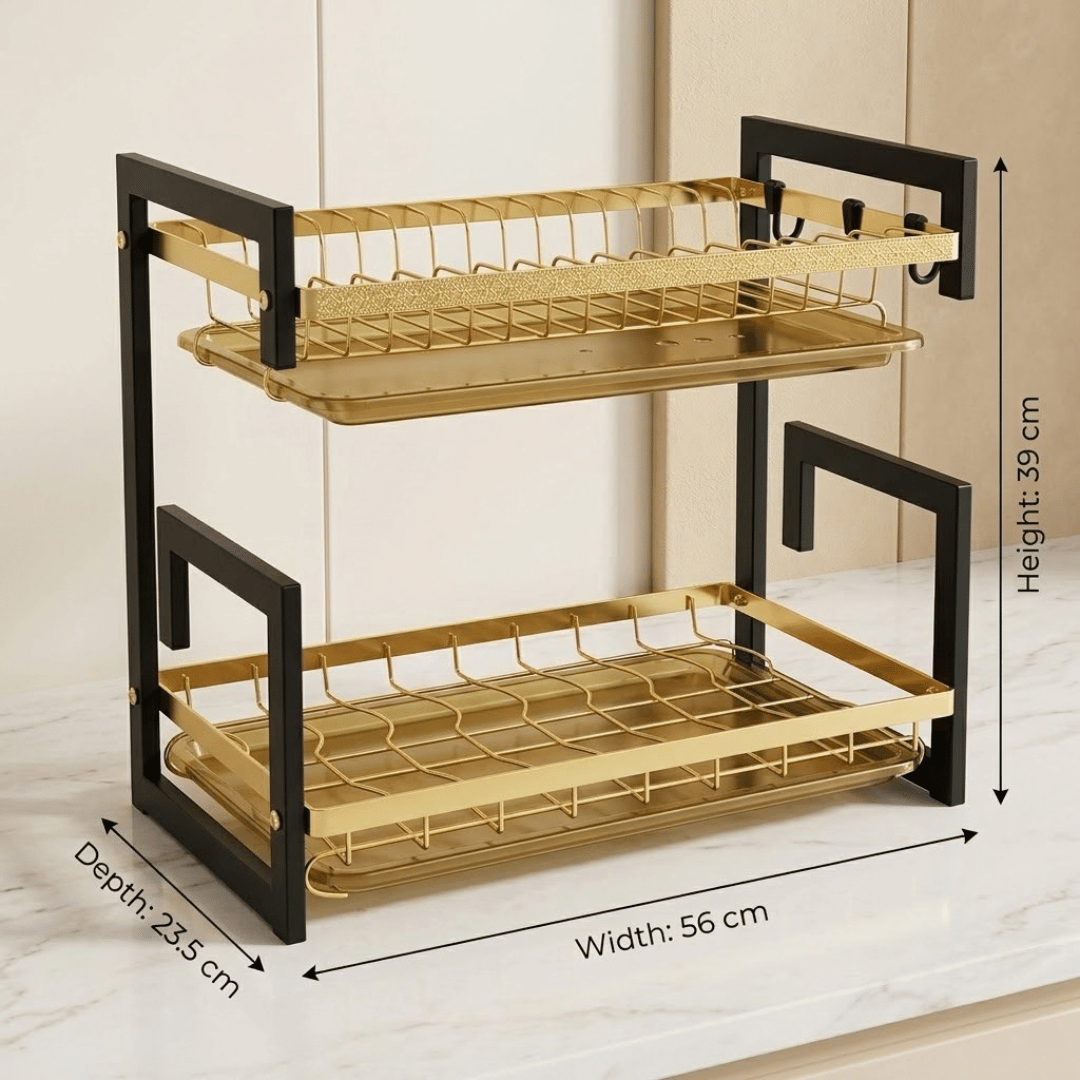 Elegant Gold finished Two Tier Dish Drying Organizer with Utensil Holder and Drainboards