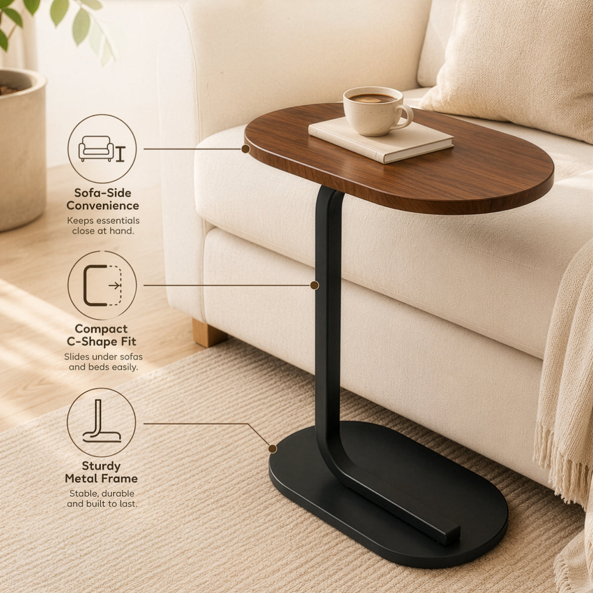 Homero Modern C Shaped Wooden Metal Side Table
