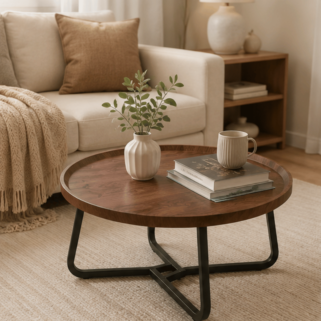 Modern Cocoa Wood Metal Frame Round Coffee Table