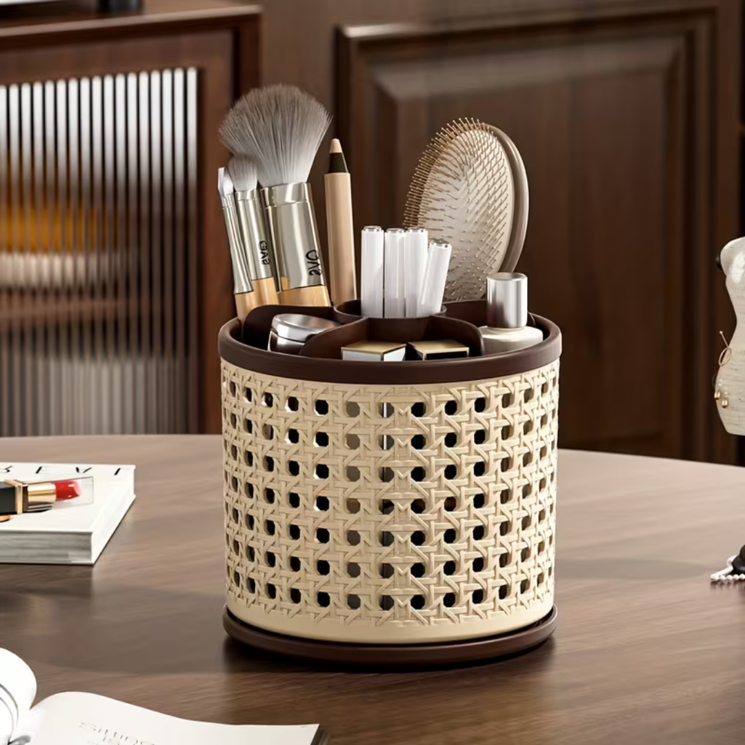 Multi Chamber Vintage Rattan Style Rotating Storage Organizer