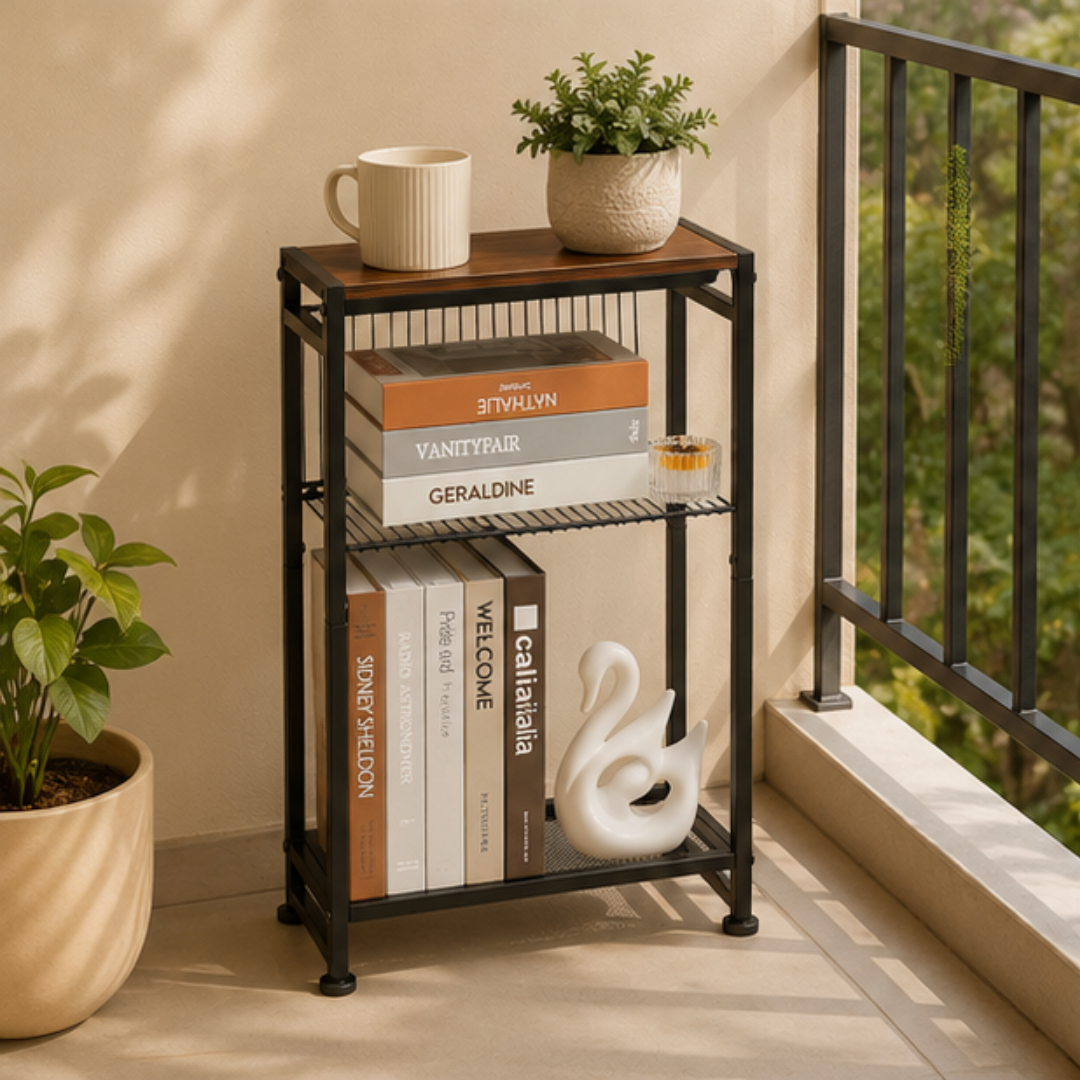 3-Tier Compact Bedside End Table with Magazine Holder and Metal Mesh Shelf