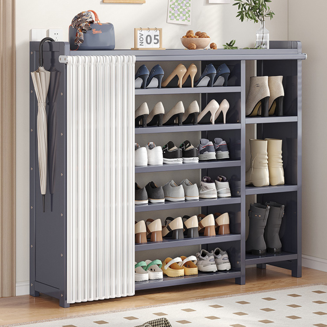 7 Tier Bamboo Shoe Rack Cabinet with Dustproof Curtain and Boot Storage