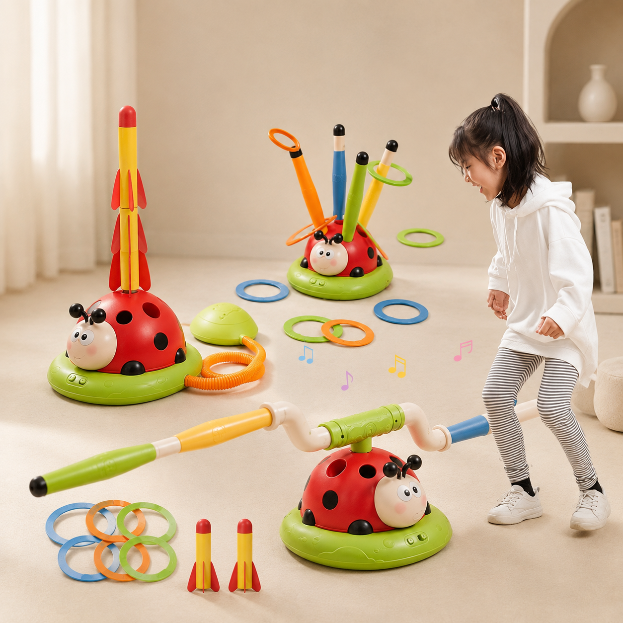 Homero 3 in 1 Musical Jump/Toss Ring/Rocket Launcher Toy for Kids
