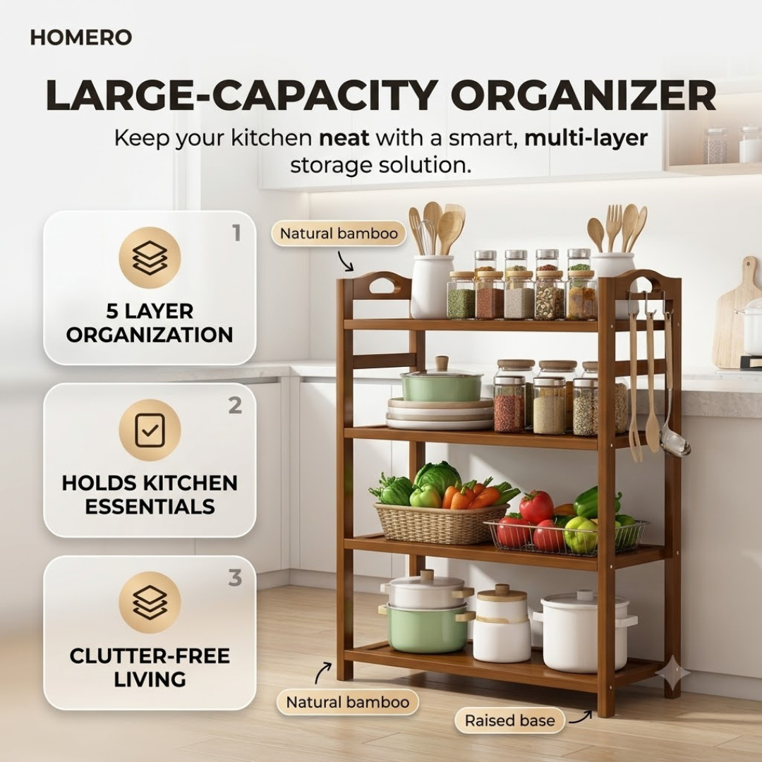 Premium Solid Bamboo Multi Layer Storage Rack Organizer
