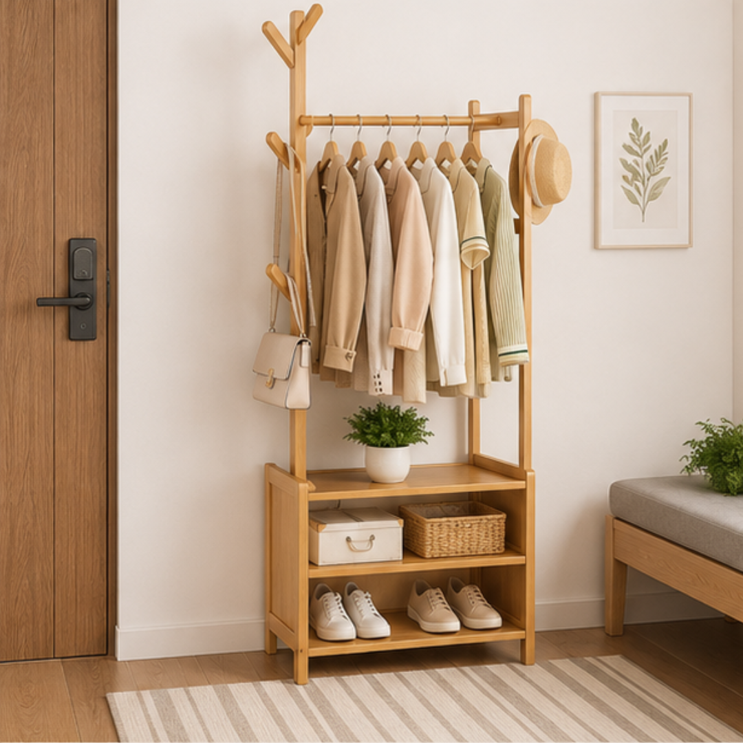 Modern Wooden Garment Rack with Storage Shelves Clothes Organizer