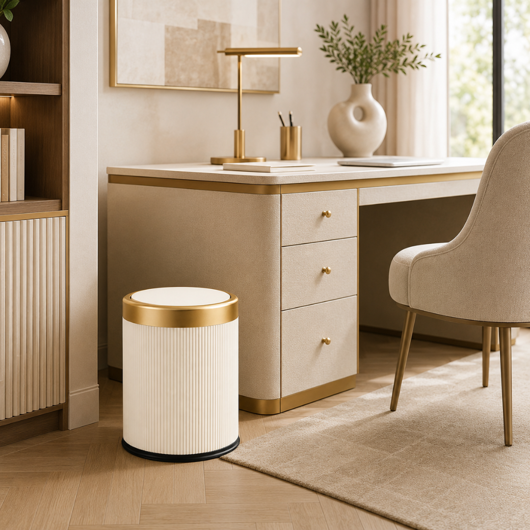 Modern Cream White Dustbin with Inner Bucket and Gold Accents (8L)