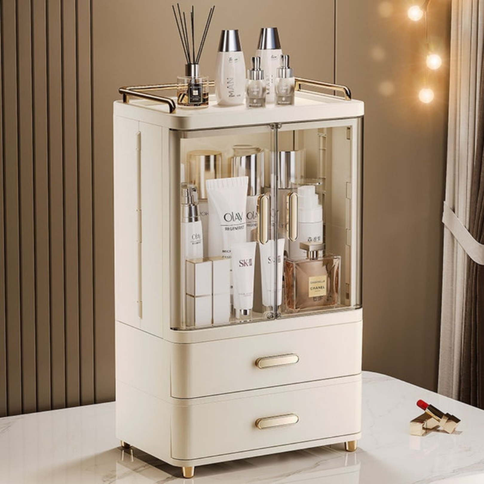 Multipurpose Makeup Organizer Cabinet With Transparent Double Doors And Drawer Storage