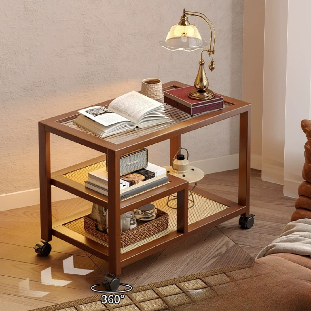 Premium Bamboo Rattan Rolling Side Table with Storage Shelves