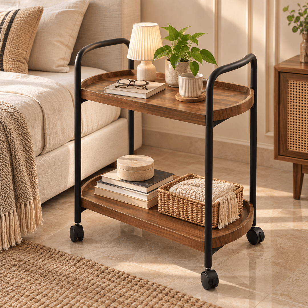 Double Layer Rolling Wooden Trolley With Wheels