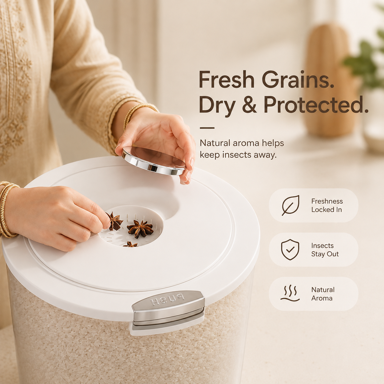 Homero Large Capacity Transparent Rice Container with One-Click Lid