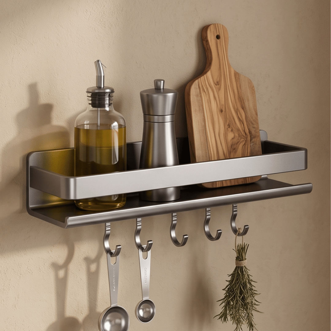 Wall Mounted Kitchen Spice Rack Organizer with Hooks