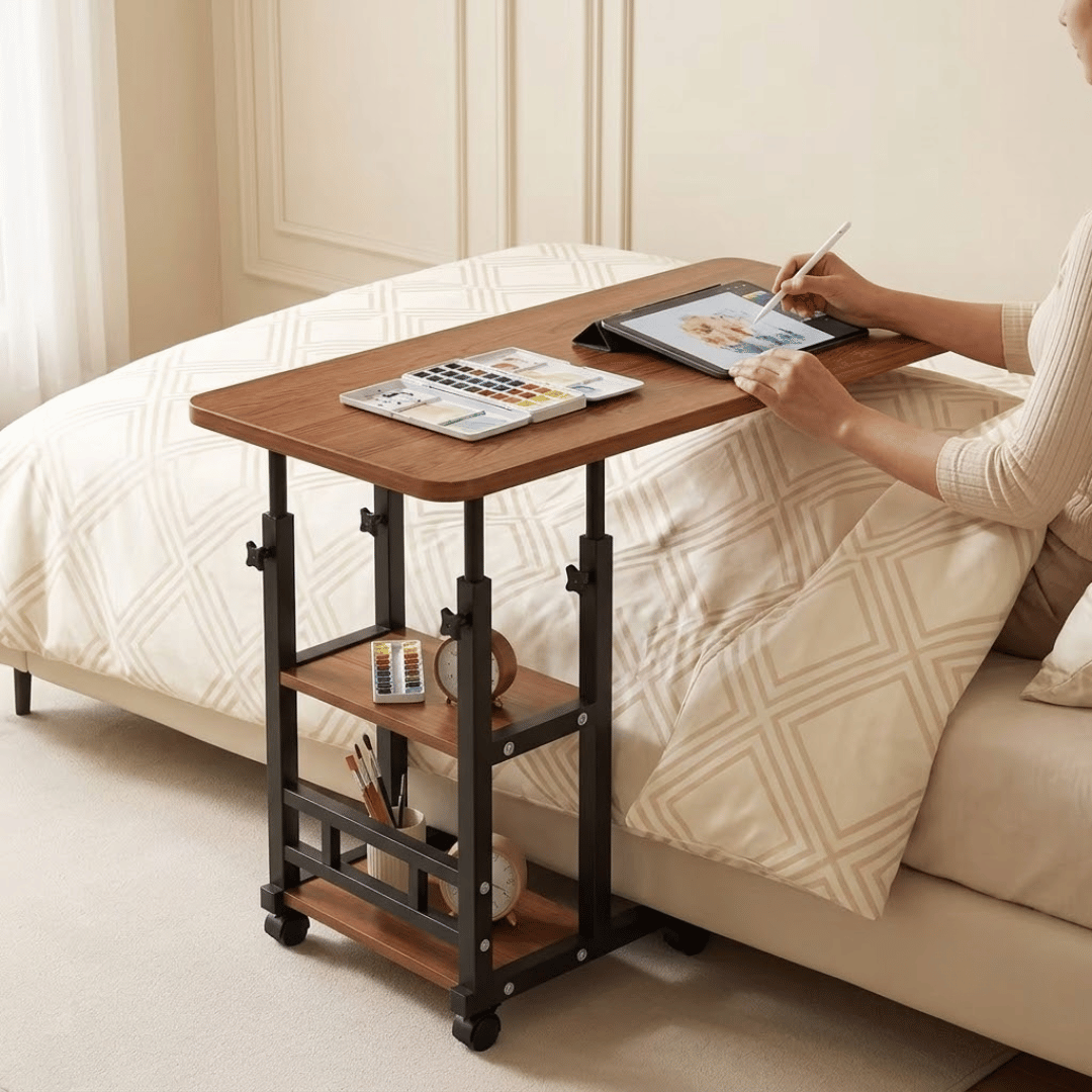 Adjustable C Shape Mobile Laptop Stand Table with Storage Shelves & Wheels