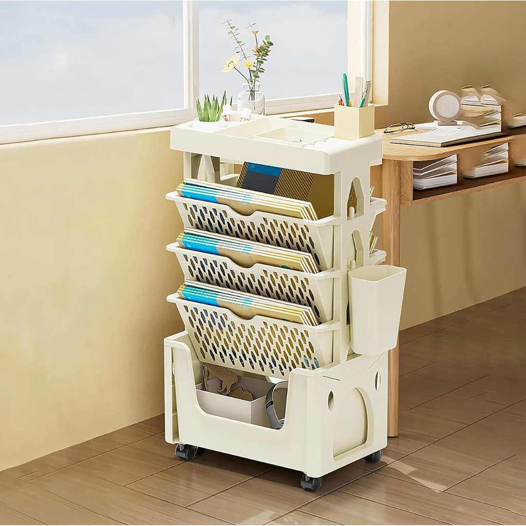 5 Tier Rolling Bookshelf Organizer with Removable Baskets Wheels