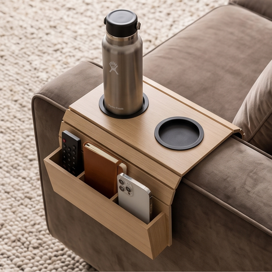 Flexible Wooden Sofa Armrest Tray Table With Dual Cup Holders And Remote Storage