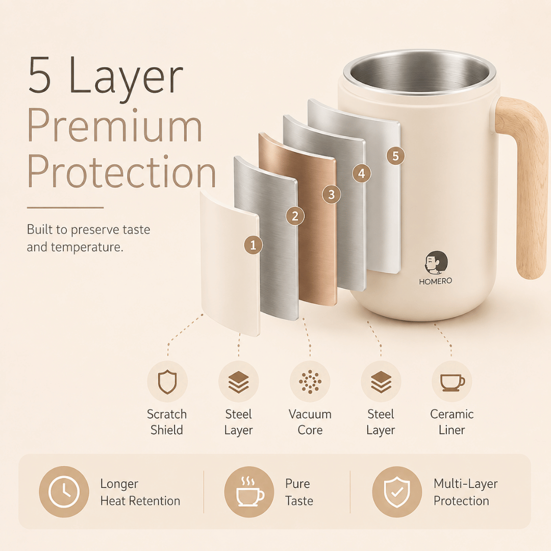 Homero Stainless Steel Automatic Stirring Mug with Wooden Handle - 420ml