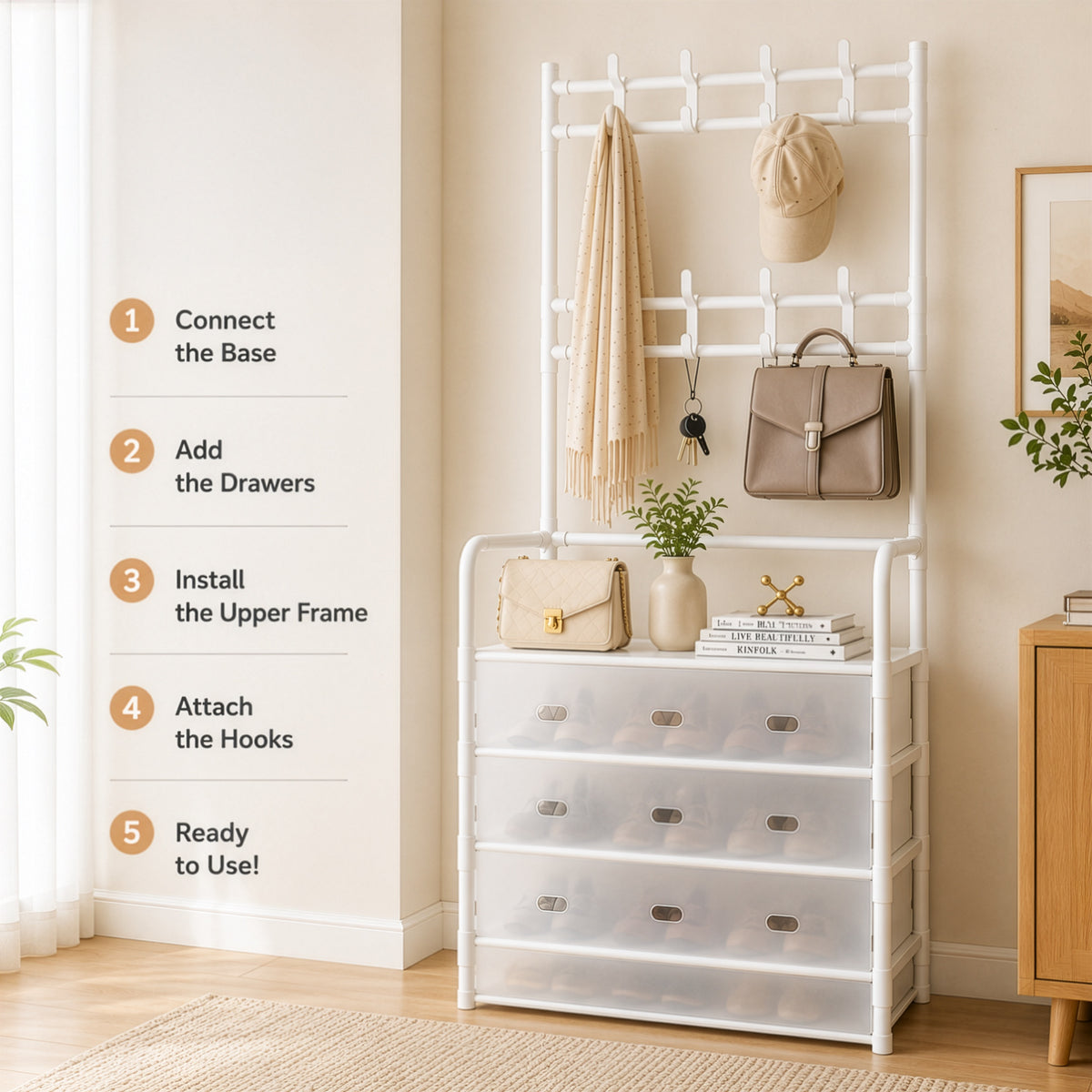 HOMERO 4-Tier Double Row Hooks Coat Rack with Shoe Storage