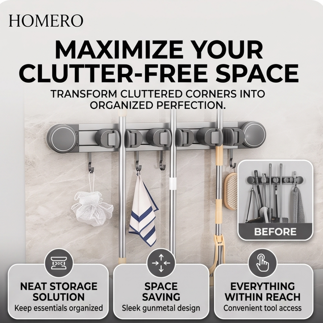 Wall Mounted Sliding Mop and Broom Holder Organizer with Strong Suction Cup