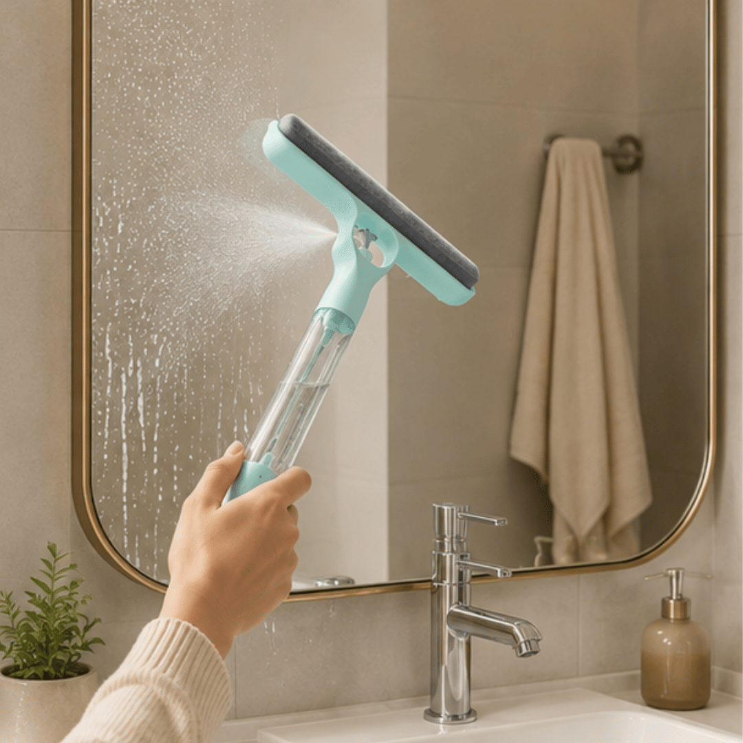 3 in 1 Handheld Glass Cleaning Spray Squeegee Brush Window Wiper with Integrated Bottle
