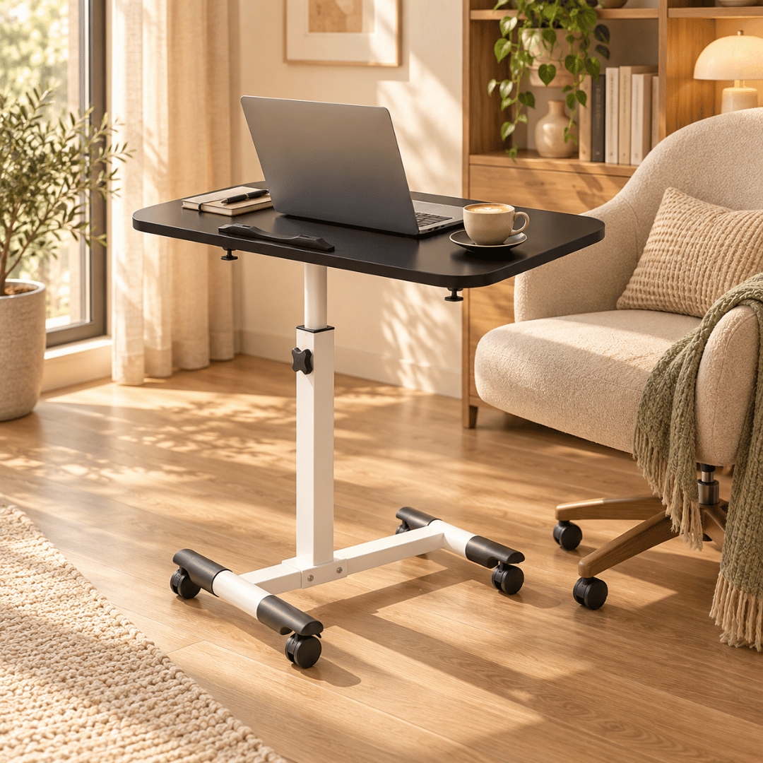 Height Adjustable Laptop Table with Wheels & Rotating Tabletop