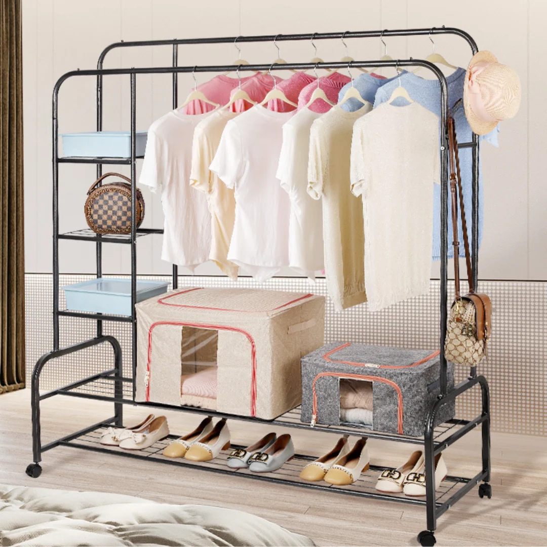 Multifunctional Double Rail Garment Shoe Rack With Wheels