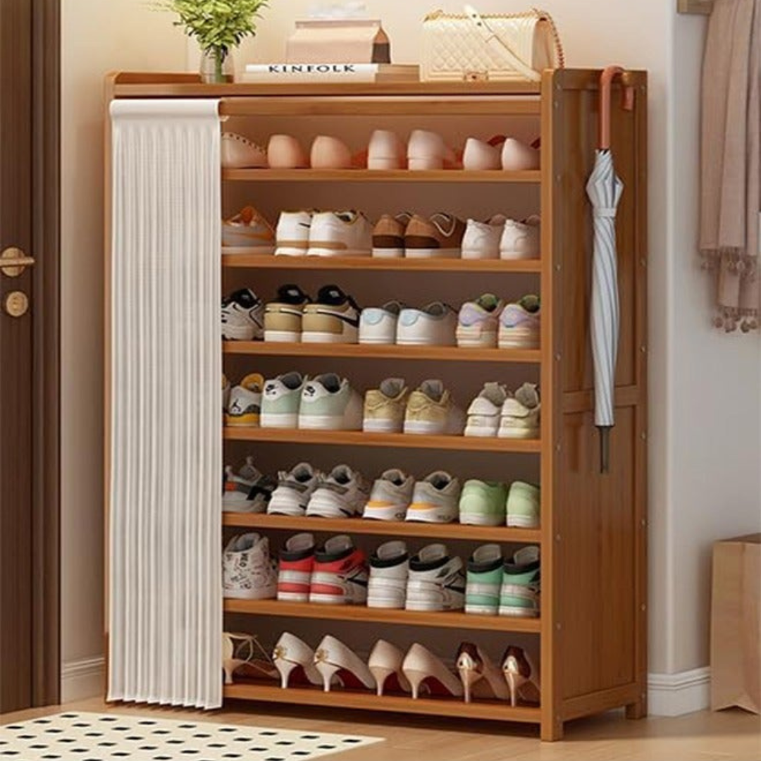 Multi Layer Bamboo Shoe Rack Cabinet with Dustproof Curtain