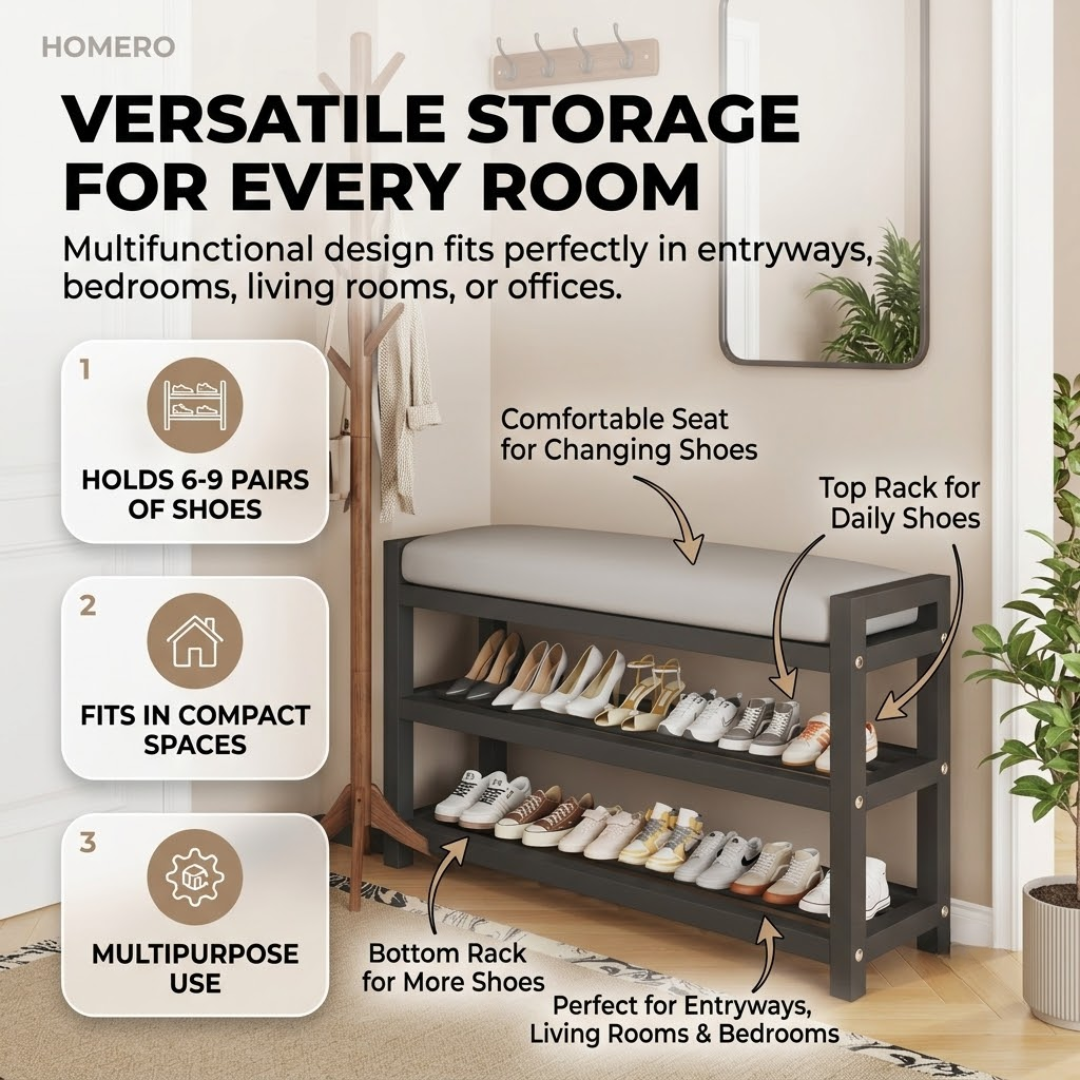 Multifunctional Carbon Steel Shoe Bench Rack with PU Leather Cushion