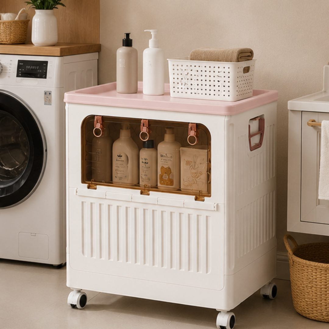 Portable Plastic Clothing Storage Cabinet with Clear Front Opening and Rolling Casters