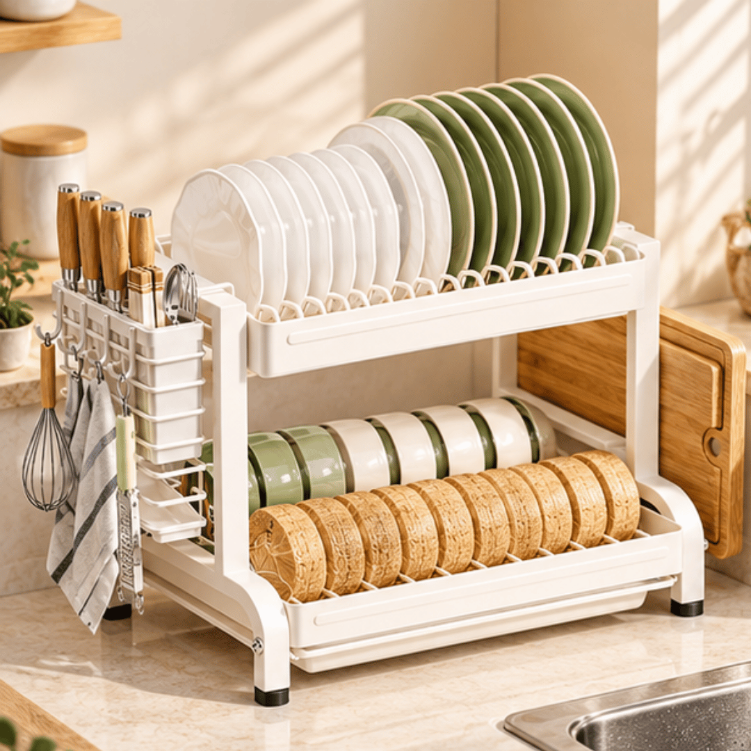 Premium Multi Layer Kitchen Dish Drying Rack with Cutting Board and Cutlery Storage