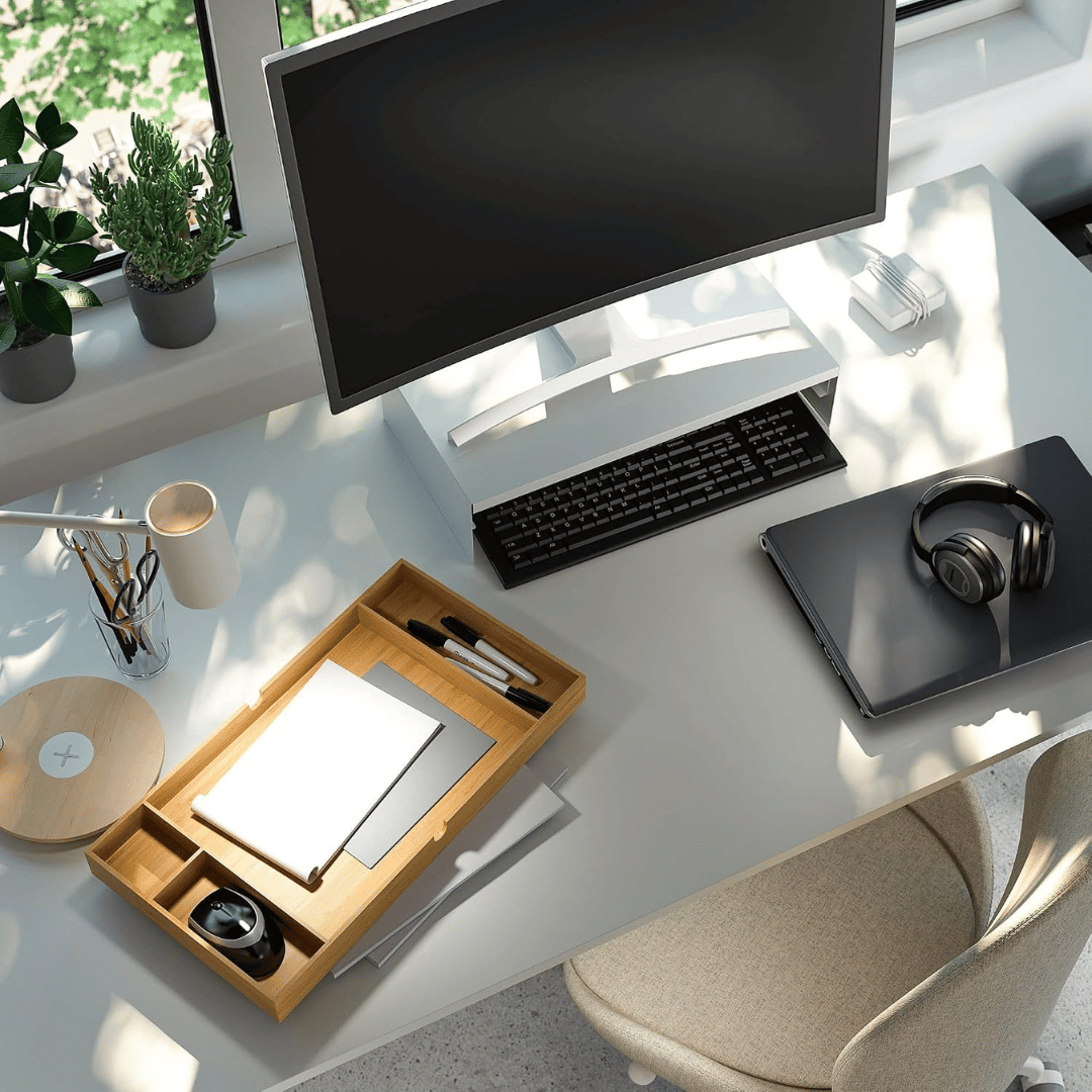 Premium Bamboo Monitor Stand with Drawer Desk Organiser