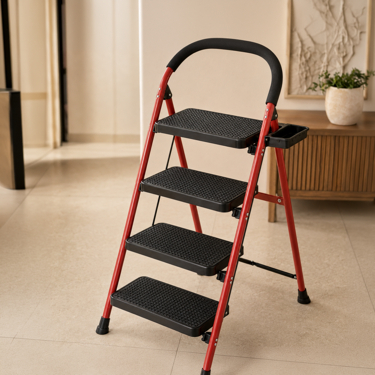 Foldable Carbon Steel Four Step Ladder with Handrail and Tool Tray