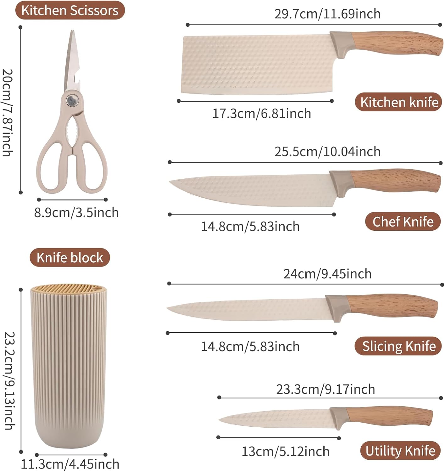 Homero Premium Khaki Kitchen Knife Set With Stylish Knife Block – 6 Piece Set