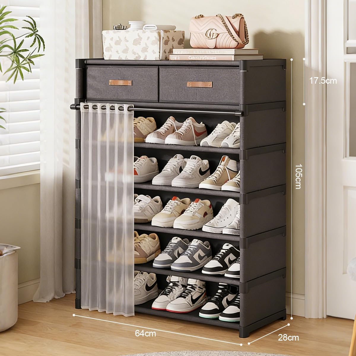 Multi Layer Shoe Organizer with Double Drawers and Sliding Curtain