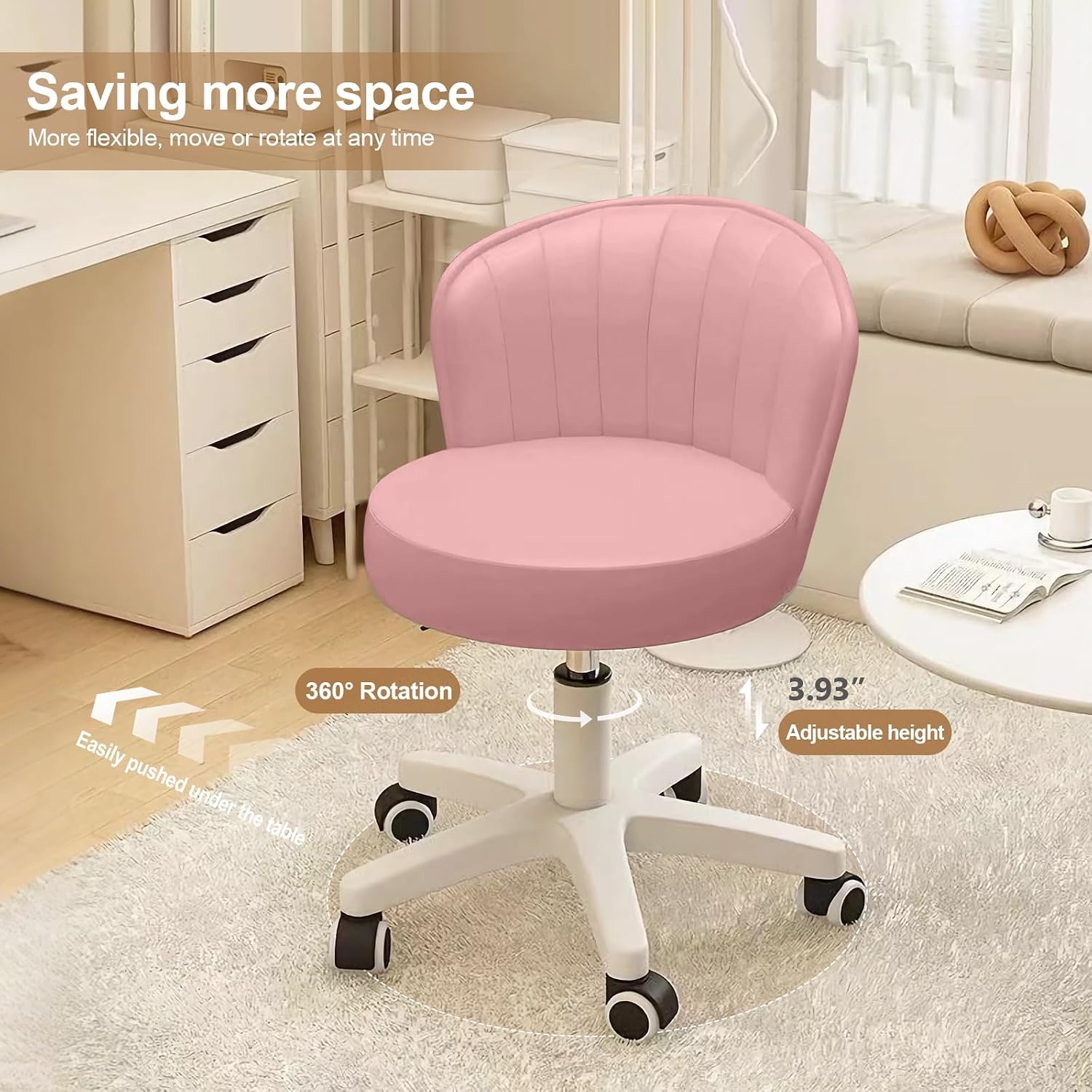 PU Leather Cushion Round Rolling Desk Chair With Adjustable Height