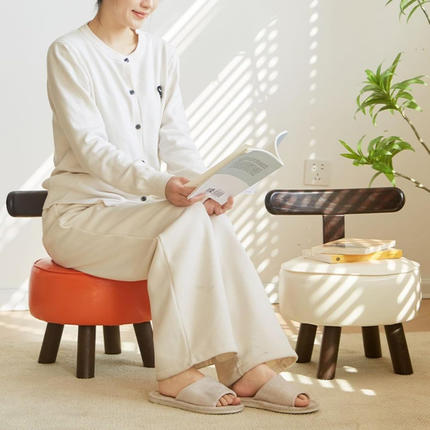 Homero 360° Swivel Vanity Foot Stool PU Leather with Backrest