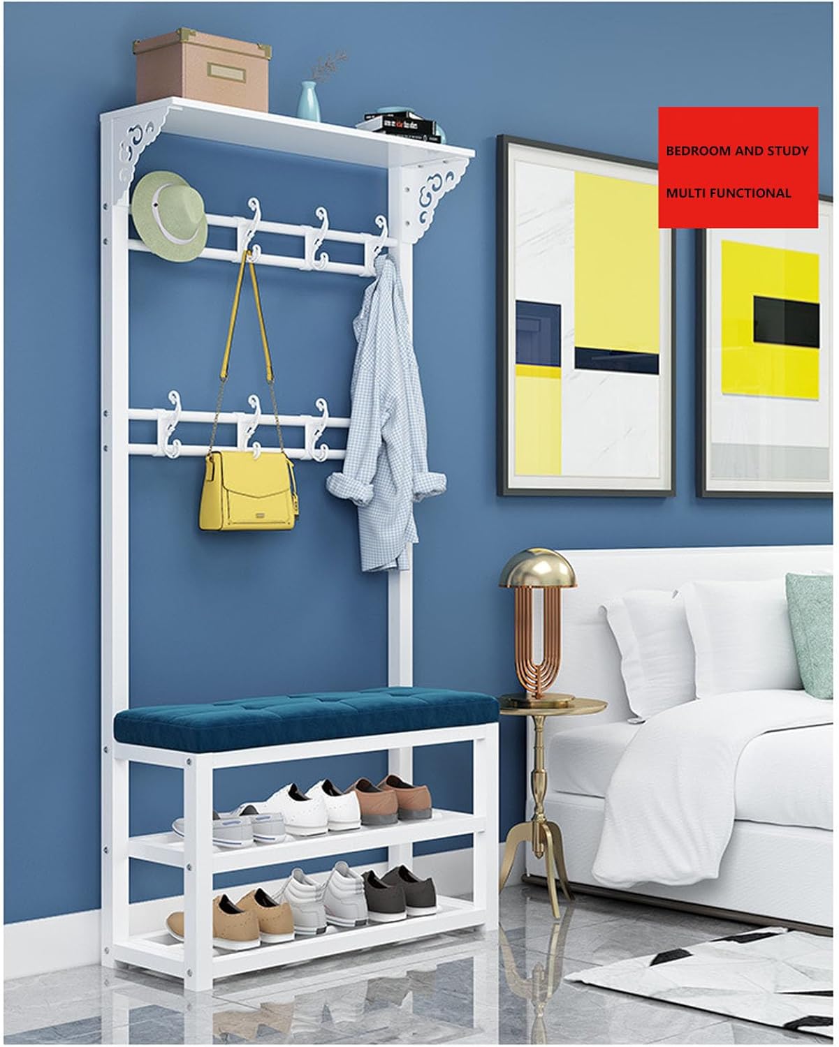 4 in 1 Entryway Coat Rack with Shoe Bench Storage Shelves and Removable Hooks