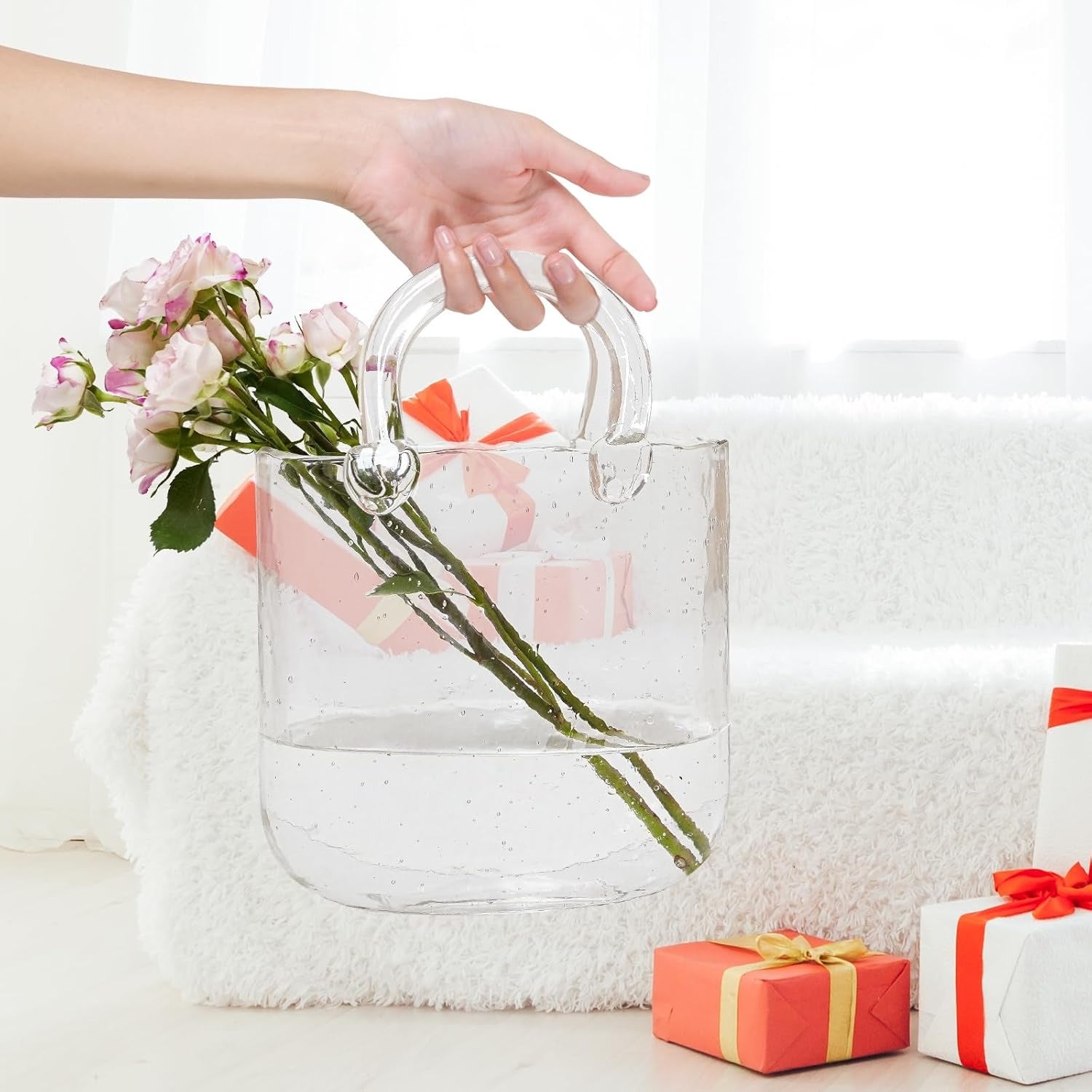 Homero Transparent Hand Blown Glass Vase with Elegant Purse Design